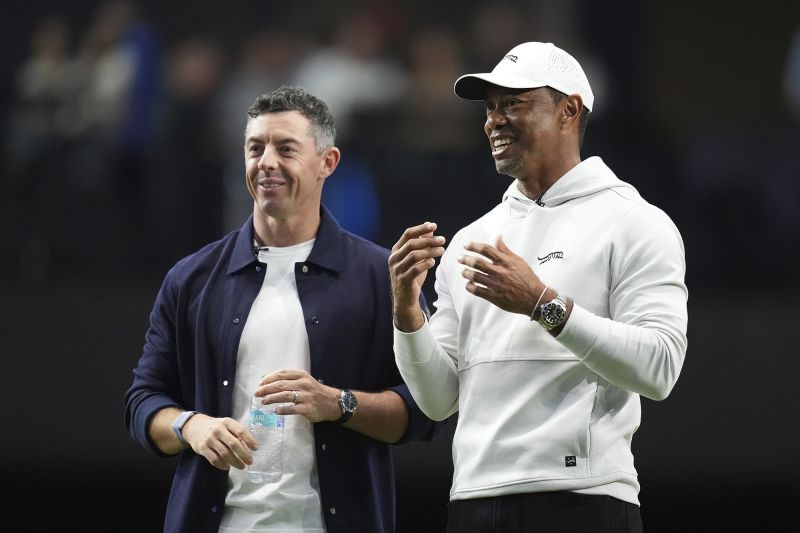 Tiger Woods and Rory McIlroy watch on as The Bay Golf Club wins opening match of high-tech indoor TGL golf league